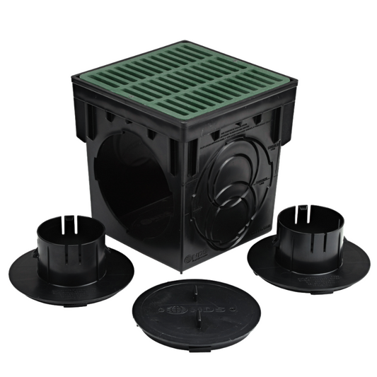 NDS Cuenca de captura pluvial de 9 pulg x 9 pulg con dos salidas, incluye rejilla, adaptadores y 1 tapon