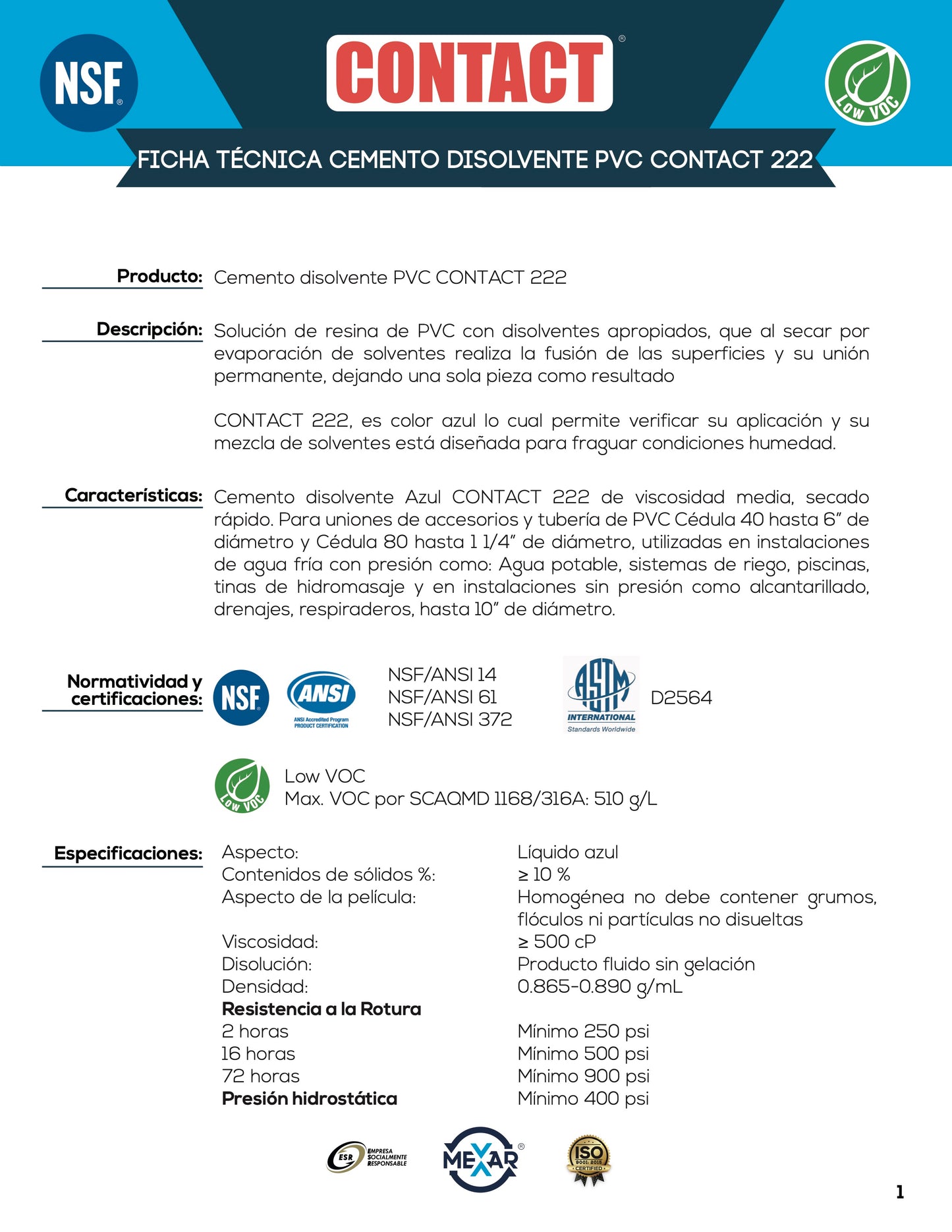 Pegamento Para PVC CONTACT 222 1/4 Litro Condiciones Húmedas